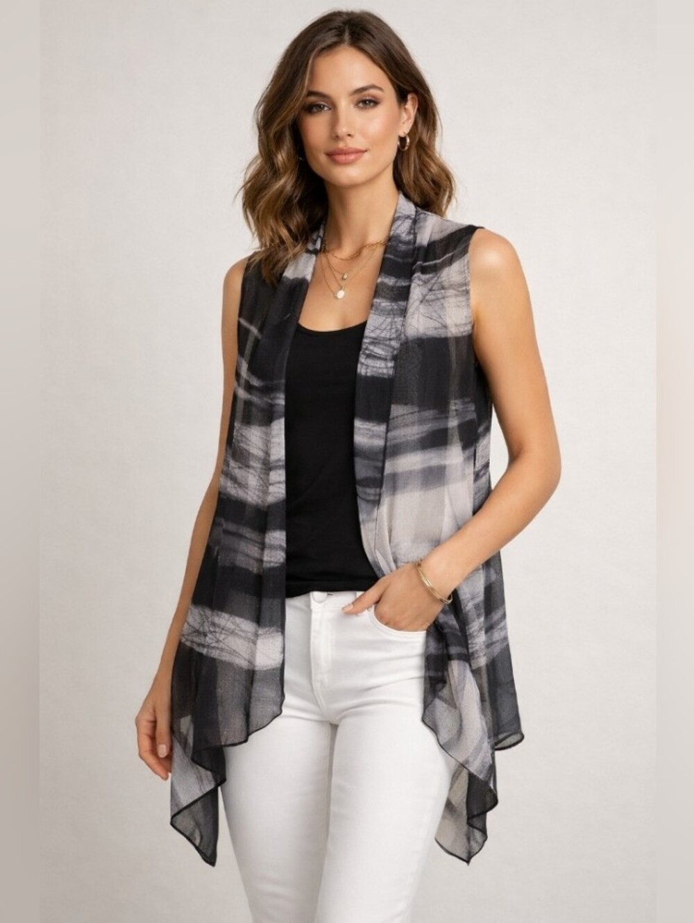 By Design Lightweight Black & Gray Picture To Fabric Sheer Wrap Vest OS